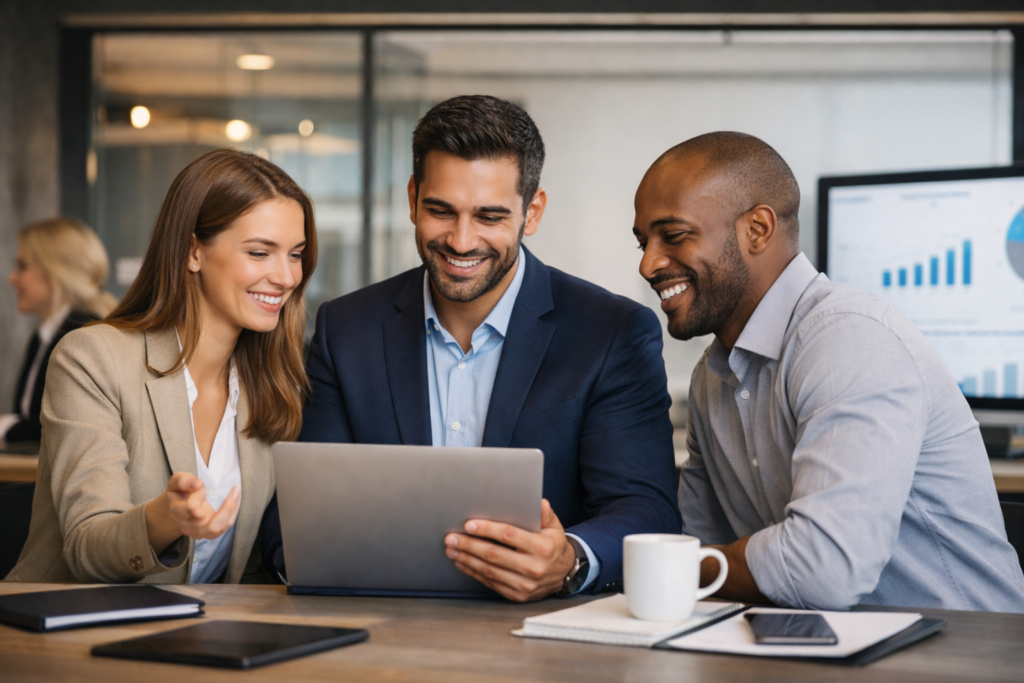 Three diverse professionals collaborating around a laptop in a modern office